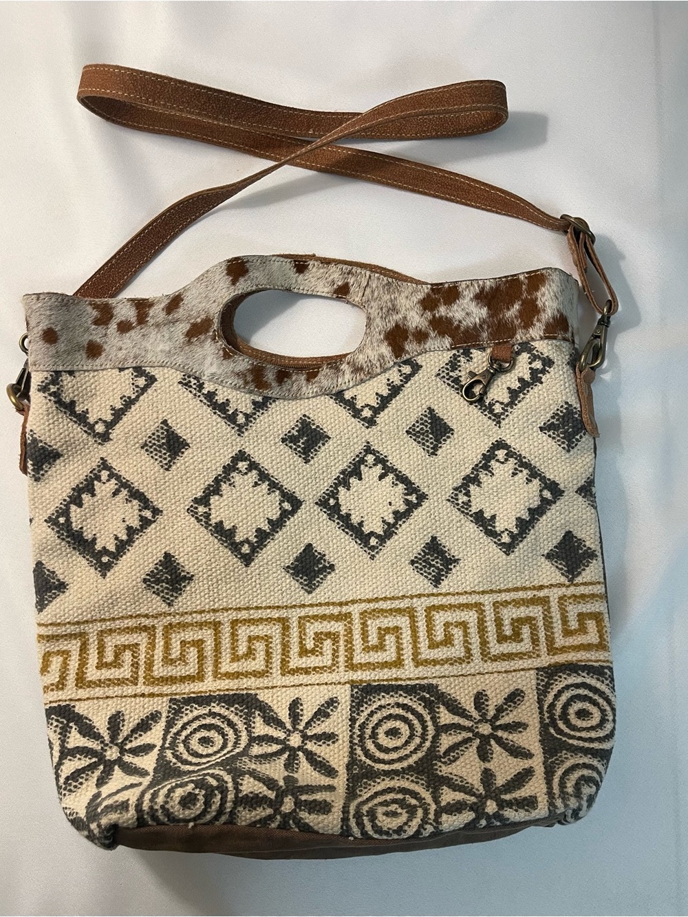 OLAY Boho Canvas & Cowhide Shoulder Bag in Brown, Cream, Black
